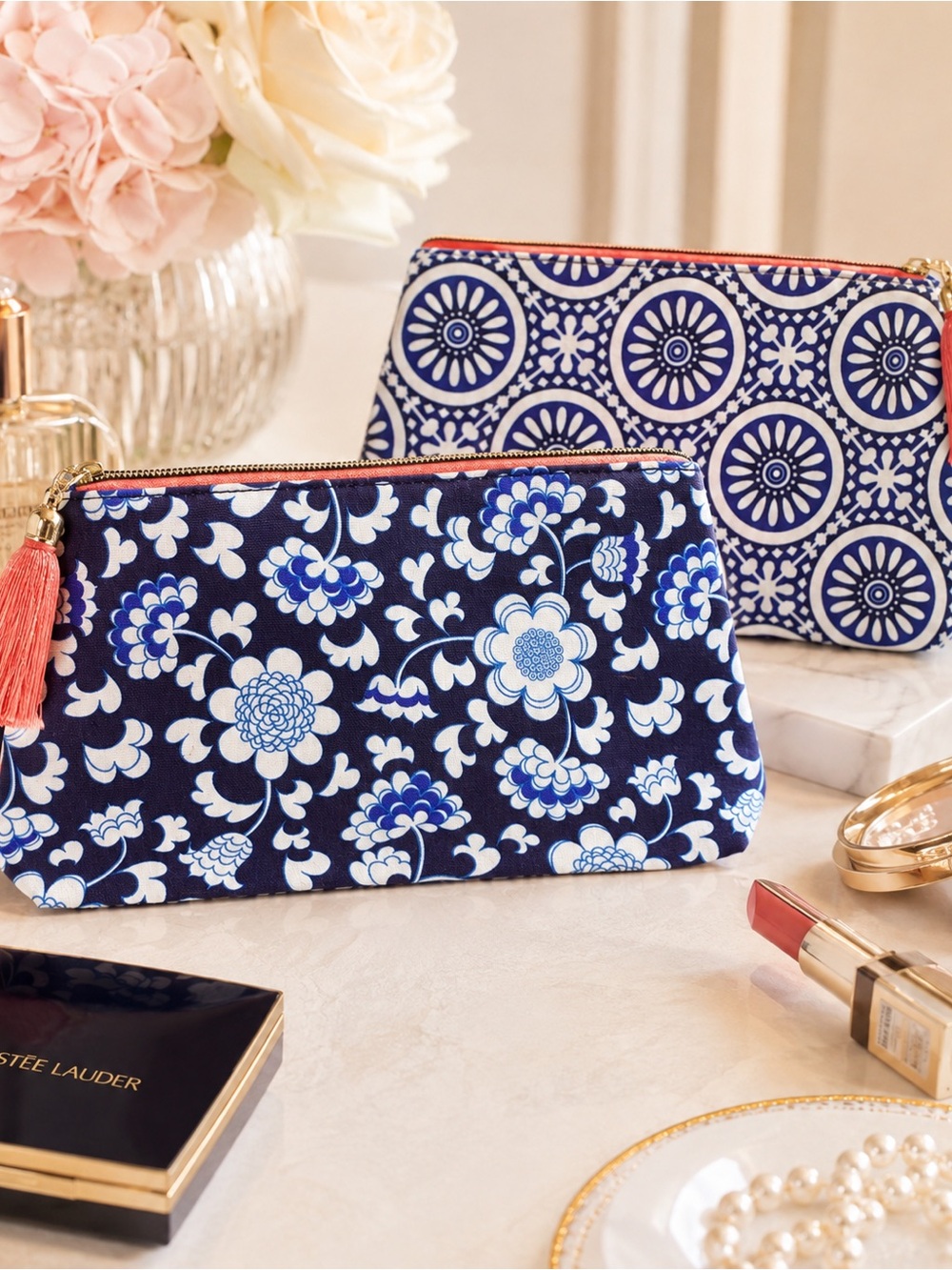 Floral Navy Blue Zip Pouch Cosmetic Bag
